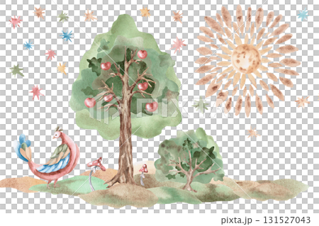 A stylized landscape with an apple tree, a fairy bird, and the moon in a dark sky. Isolated watercolor illustration for children's educational materials, postcards, and nursery design. 131527043