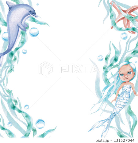 A square frame with a dolphin and a mermaid in seaweed. Isolated watercolor illustration for children's party decorations, cards, menus, nurseries, and posters. A square frame with a dolphin and a mermaid in seaweed. Isolated watercolor illustration for children's party decorations, cards, menus, nurseries, and posters. 131527044