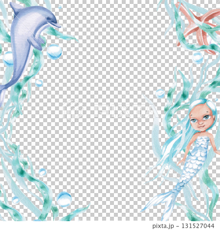 A square frame with a dolphin and a mermaid in seaweed. Isolated watercolor illustration for children's party decorations, cards, menus, nurseries, and posters. 131527044