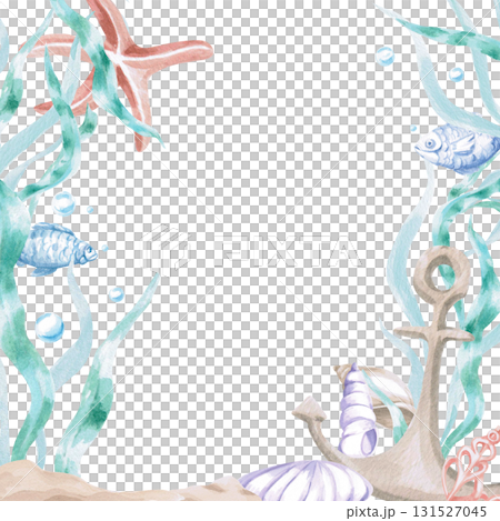 A square frame featuring a sunken anchor in seaweed with fish and a starfish. Isolated watercolor illustration for children's party decorations, cards, menus, nurseries, and posters. 131527045