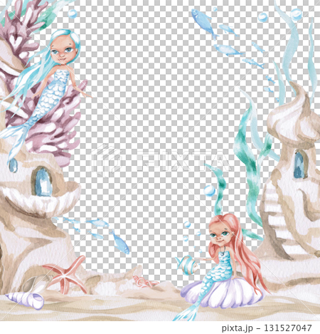 A square frame with mermaids and an underwater castle. Isolated watercolor illustration of sea creatures for children's interiors, cosmetics, greeting card designs, and themed holidays. A square frame with mermaids and an underwater castle. Isolated watercolor illustration of sea creatures for children's interiors, cosmetics, greeting card designs, and themed holidays. 131527047