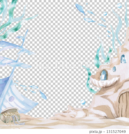 A square frame featuring an underwater castle and a sunken ship. Isolated watercolor illustration of sea creatures for children's interiors, cosmetics, greeting card designs, and themed holidays. 131527049
