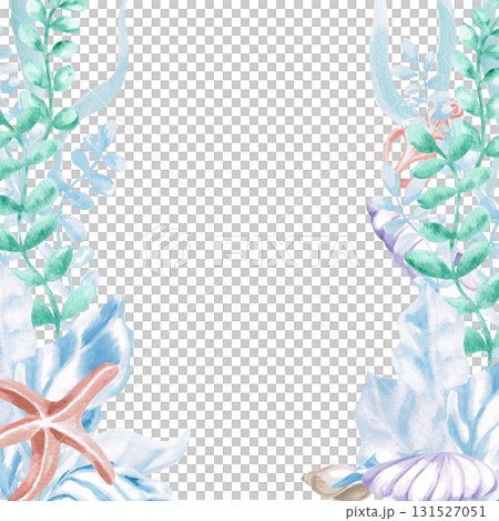 A square frame with various seaweed, a starfish, and shells. Isolated watercolor illustration of sea creatures for children's interiors, cosmetics, greeting card designs, and themed holidays. 131527051