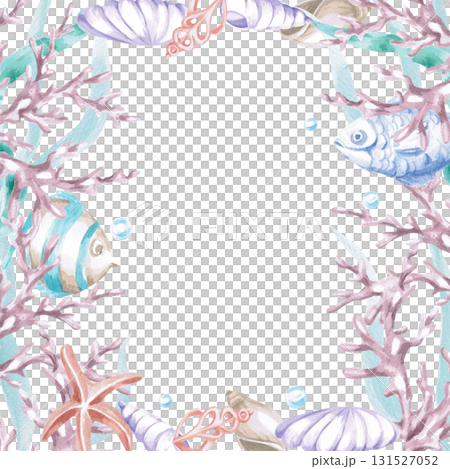 A square frame with coral, seaweed, fish, and shells. Isolated watercolor illustration of sea creatures for children's interiors, cosmetics, greeting card designs, and themed holidays. 131527052