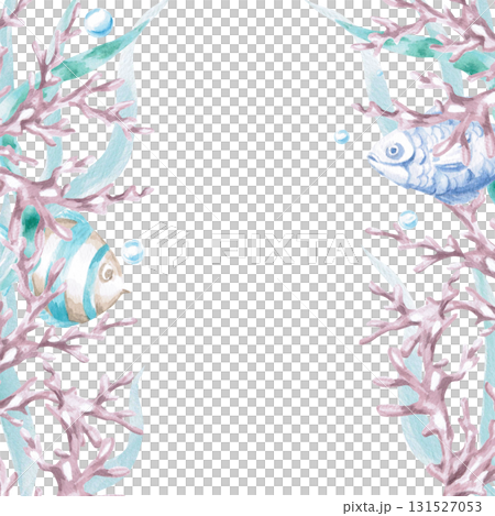 A square frame with corals, seaweed, and fish. Isolated watercolor illustration of sea creatures for children's interiors, cosmetics, greeting card designs, and themed holidays. 131527053