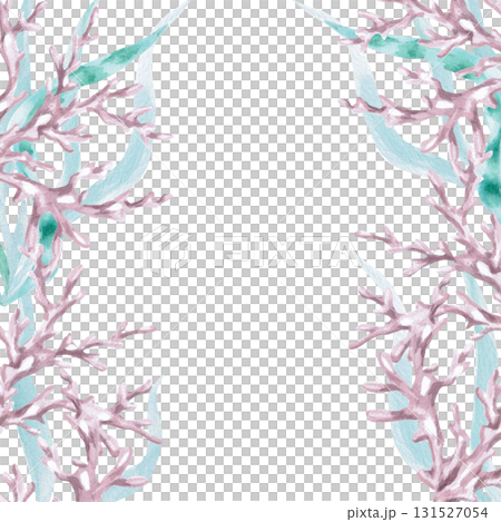 A square frame with corals in seaweed. Isolated watercolor illustration of sea creatures for children's interiors, cosmetics, greeting card designs, and themed holidays. 131527054