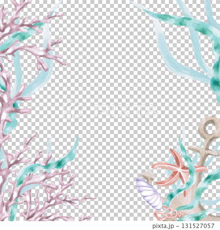 A square frame with coral in seaweed, a starfish, and an anchor. Isolated watercolor illustration of sea creatures for children's interiors, cosmetics, greeting card designs, and themed holidays. 131527057