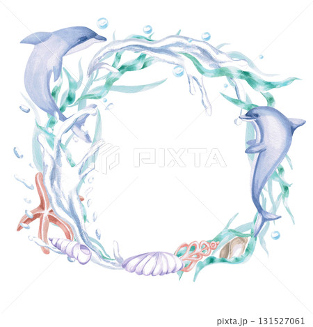 A round frame featuring dolphins in splashing water and shells. Isolated watercolor illustration of sea creatures for children's interiors, cosmetics, greeting card designs, and themed holidays. A round frame featuring dolphins in splashing water and shells. Isolated watercolor illustration of sea creatures for children's interiors, cosmetics, greeting card designs, and themed holidays. 131527061
