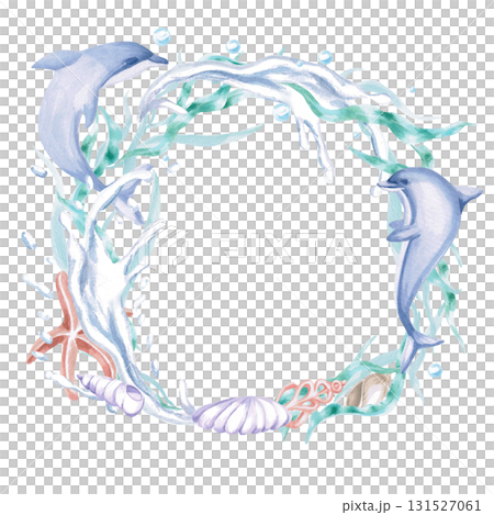 A round frame featuring dolphins in splashing water and shells. Isolated watercolor illustration of sea creatures for children's interiors, cosmetics, greeting card designs, and themed holidays. A round frame featuring dolphins in splashing water and shells. Isolated watercolor illustration of sea creatures for children's interiors, cosmetics, greeting card designs, and themed holidays. 131527061
