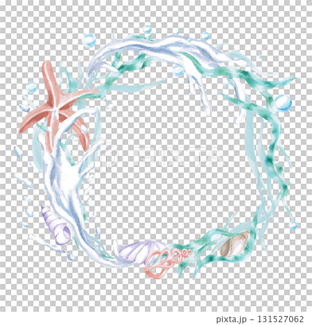 A round frame with water splashes, a starfish, and shells. Isolated watercolor illustration of sea creatures for children's interiors, cosmetics, greeting card designs, and themed holidays. 131527062