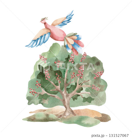 A stylized berry bush in a clearing and a flying fairytale bird. Isolated watercolor illustration for children's educational materials, printing on postcards, fabric, books, children's room design. 131527067