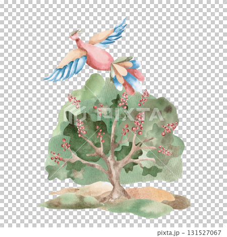 A stylized berry bush in a clearing and a flying fairytale bird. Isolated watercolor illustration for children's educational materials, printing on postcards, fabric, books, children's room design. 131527067