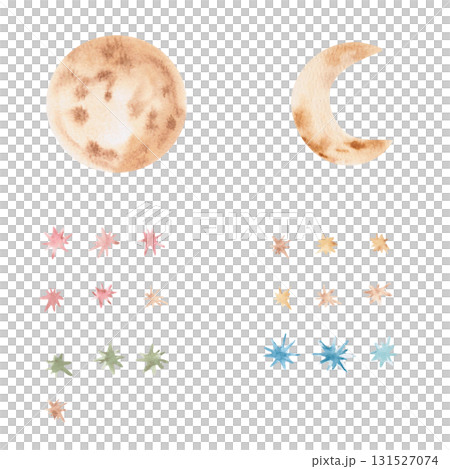 A set of the moon, crescent, and stars. Isolated watercolor illustrations for children's educational materials, printing on cards, fabric, books, and children's room design. 131527074