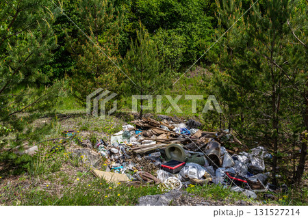 Illegal landfill affects natural landscape and threatens local wildlife in forested area Illegal landfill affects natural landscape and threatens local wildlife in forested area 131527214