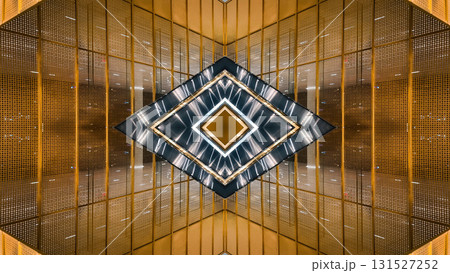 futuristic technology background with digital mirrored and symmetry patterns and cyber glow, innovative tech backdrop with tunnel and warp virtual network design and electronic light, blue and gold 131527252