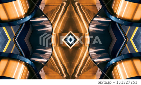 futuristic technology background with digital mirrored and symmetry patterns and cyber glow, innovative tech backdrop with tunnel and warp virtual network design and electronic light, blue and gold 131527253