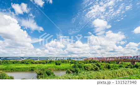 木津川風景　京滋バイパス　京阪電車鉄橋　京都府八幡市 131527340