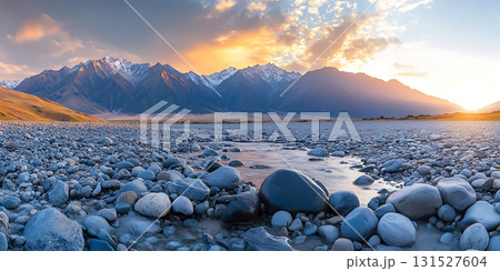 Stunning Mountain Lake Sunset Panorama Rocky Shore Majestic Peaks Breathtaking Landscape Photography 131527604