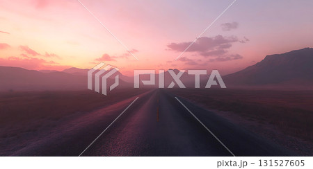 Serene Sunset Landscape Misty Road at Dusk 131527605