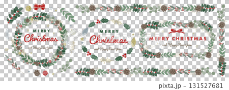 モミの木やヒイラギ、緑の枝・葉、松ぼっくりで出来たクリスマスイメージのフレーム：クリスマスリースなど 131527681