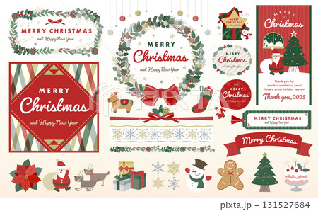 ナチュラルでおしゃれなクリスマスのフレーム:手描き感で彩る飾りや背景:葉っぱのリースやリボン、サンタ 131527684