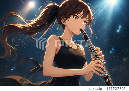 アニメ美少女がクラリネットを演奏するステージイラスト　光と音のファンタジー 131527795