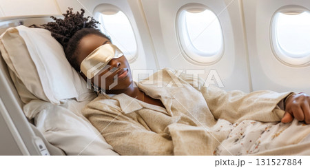 Woman sleeping on airplane with eye mask, relaxed travel concept 131527884