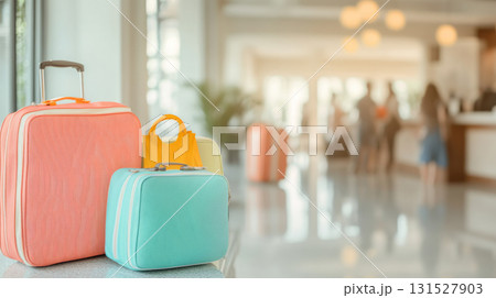 Travel bags in modern hotel lobby with blurred receptionists 131527903