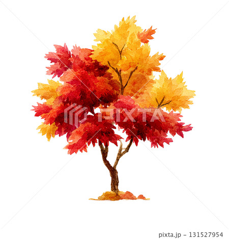 赤と黄色の紅葉が美しい秋の木の水彩イラスト(切り抜き素材) 赤と黄色の紅葉が美しい秋の木の水彩イラスト(切り抜き素材) 131527954