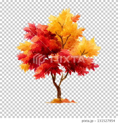 赤と黄色の紅葉が美しい秋の木の水彩イラスト(切り抜き素材) 赤と黄色の紅葉が美しい秋の木の水彩イラスト(切り抜き素材) 131527954