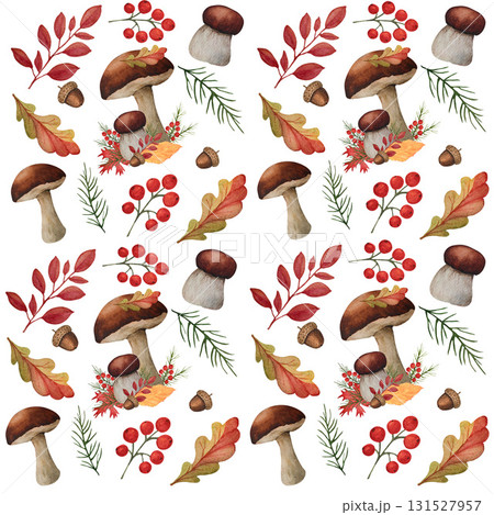 Watercolor seamless pattern with mushrooms, autumn leaves, red berries on a white background. Suitable for textile design, gift wrapping paper, cards, invitations, and food packaging. 131527957