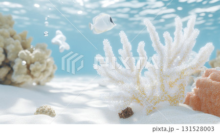 Tropical fishes swimming near white coral reef ocean underwater, serene aquatic background Tropical fishes swimming near white coral reef ocean underwater, serene aquatic background 131528003