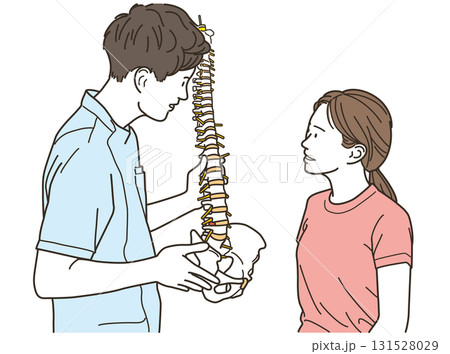 男性整体師が女性患者に背骨を使って説明するイラスト 131528029