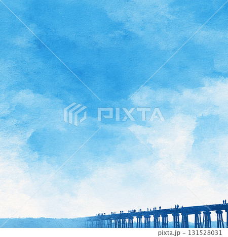 青空と橋の水彩風背景イラスト（シンプル・余白あり） 131528031