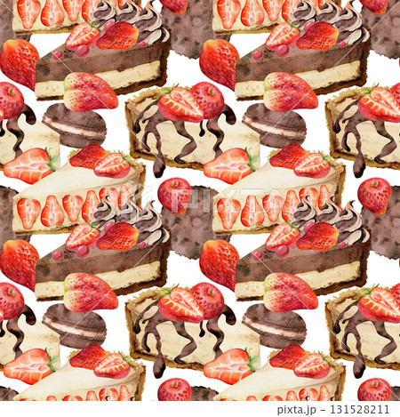 Cheesecake slice with strawberry berry and syrup trickle topping, chocolate macaron hand drawn in watercolor. Isolated dessert seamless pattern for menu designs, food blogs, packaging, printables. 131528211
