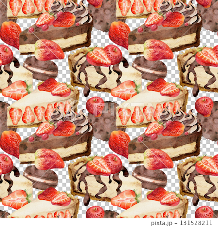 Cheesecake slice with strawberry berry and syrup trickle topping, chocolate macaron hand drawn in watercolor. Isolated dessert seamless pattern for menu designs, food blogs, packaging, printables. 131528211