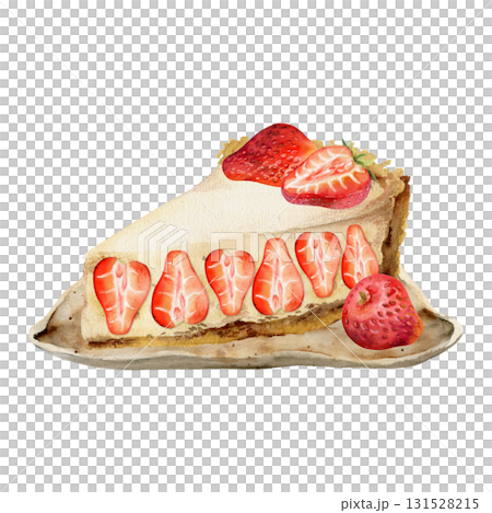 Hand drawn cheesecake slice with whole and cut strawberries, berry sponge cake on handmade ceramic clay dish. Watercolor isolated illustration. Recipe cards, dessert printables, food wrapping paper. Hand drawn cheesecake slice with whole and cut strawberries, berry sponge cake on handmade ceramic clay dish. Watercolor isolated illustration. Recipe cards, dessert printables, food wrapping paper. 131528215