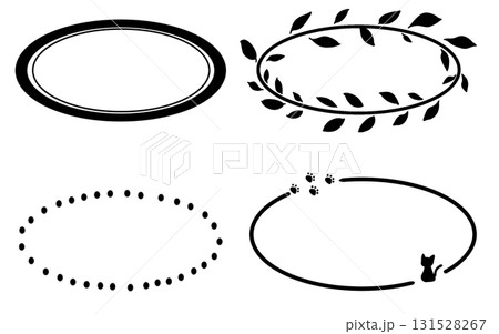 楕円フレームセット シンプル 葉っぱ ドット 猫と足跡 131528267