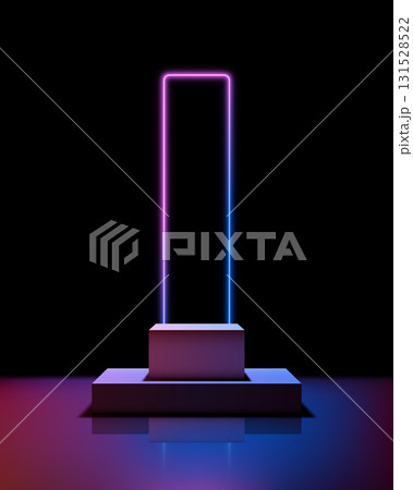 neon podium futuristic technology showcase with glowing magenta blue lights in dark interior showroom for product display and creative mockup presentation 131528522