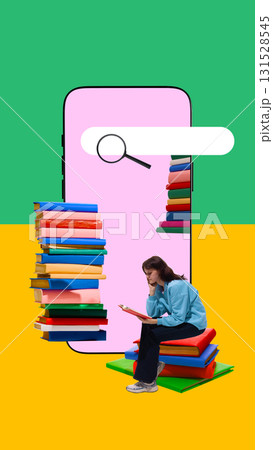 Collage art. Girl reading book while sitting on colorful pile in front of smartphone with search bar 131528545