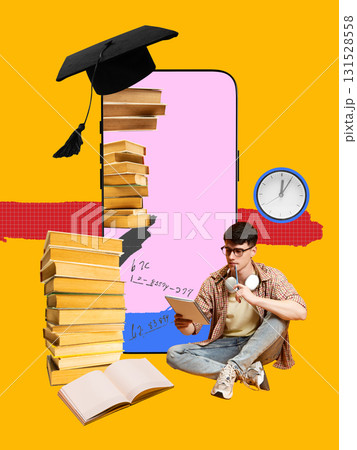 Surreal collage art. Male student studying with tablet books graduation cap and clock on yellow background Surreal collage art. Male student studying with tablet books graduation cap and clock on yellow background 131528558