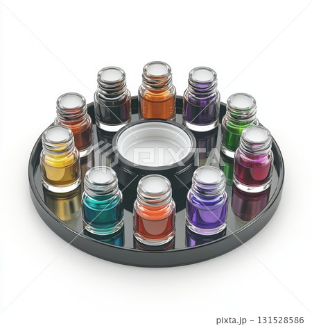 Colorful Glass Bottles on Black Round Tray Elegant Product Presentation Studio Shot top life oils 131528586