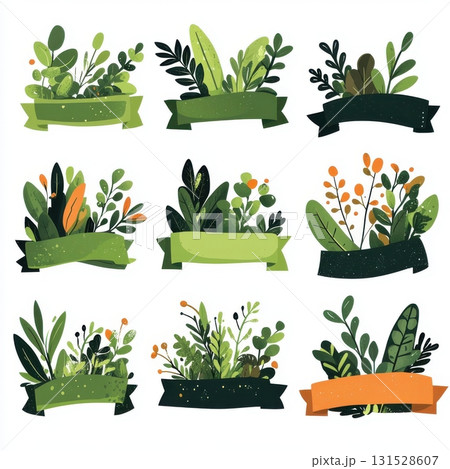 Green Floral Banners Botanical Illustrations Nature Design Elements Spring Summer card cute retro Green Floral Banners Botanical Illustrations Nature Design Elements Spring Summer card cute retro 131528607