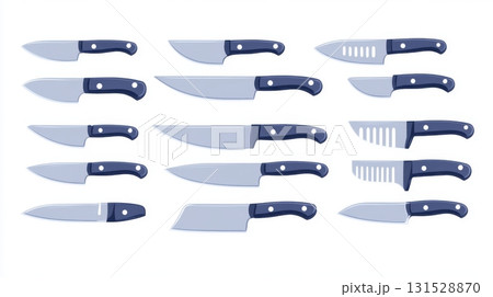 Collection of Sharp Kitchen Knives Set Modern Design Steel Blades chef food home blue tools white Collection of Sharp Kitchen Knives Set Modern Design Steel Blades chef food home blue tools white 131528870