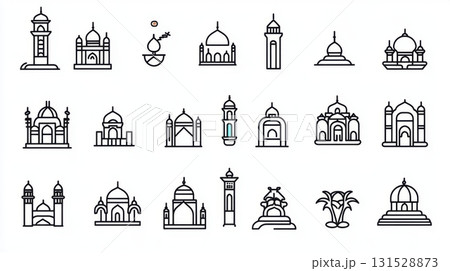Mosque Icons Set Islamic Architecture Line Art Graphic Design Elements dome faith clean black white 131528873