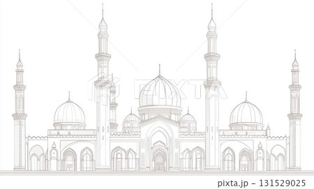 Elegant Mosque Architectural Sketch Design Drawing White Background art line dome icon islam faith 131529025