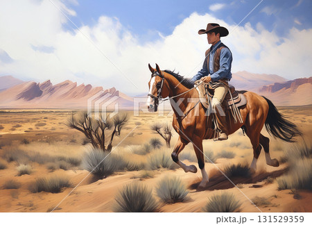 アメリカの西部劇風の風景と馬に乗るカウボーイのイラスト素材