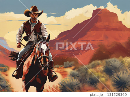 アメリカの西部劇風の風景と馬に乗るカウボーイ 131529360