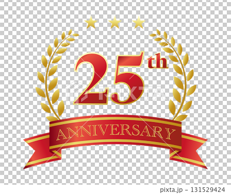 25週年紀念圖示。紅色絲帶和裝飾框。 131529424