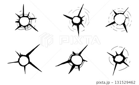 Bullet hole gun set shot weapon silhouette, impact impact marks gun, bullet hole gunshot. Damage from shoot. 131529462